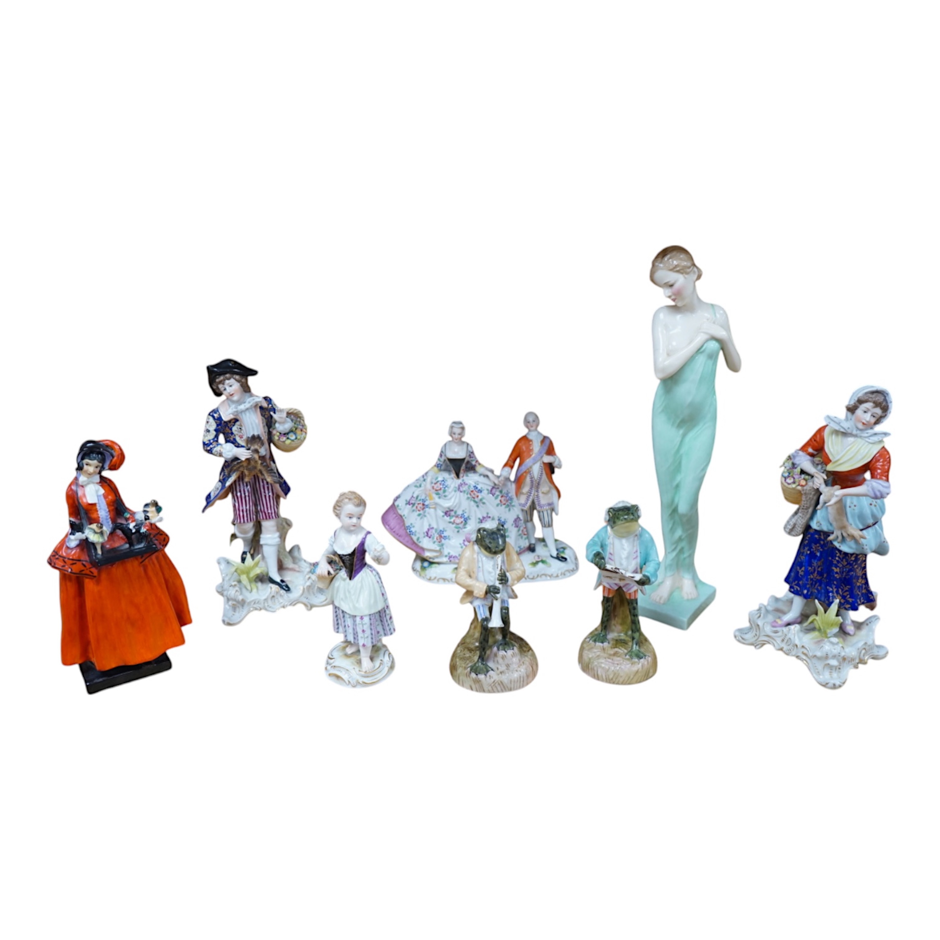 Eight Royal Doulton and 19th century German figures, including two Sitzendorf frog musicians, a Royal Doulton Celia (HN1727) and the toy seller. Condition - fair to good, substantial cracks and damage to the Celia figure